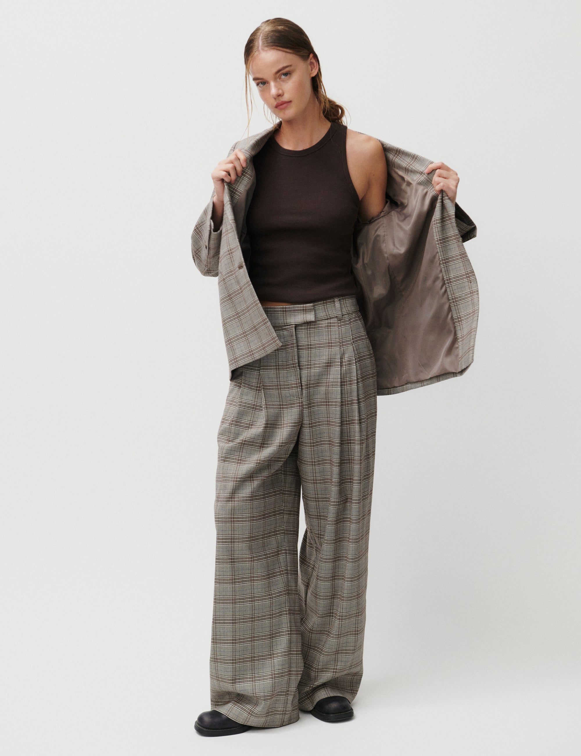 2NDDAY 2ND Mylos - Checked Suiting Pants 170808 Taupe Gray