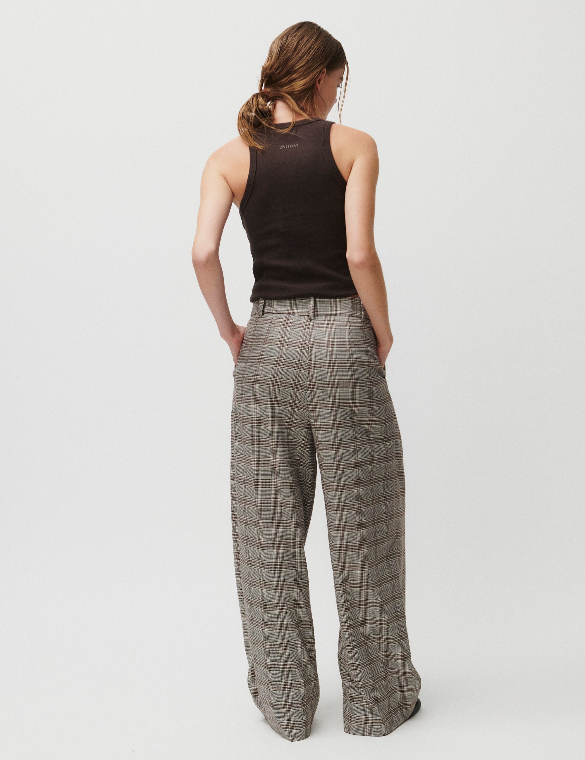 2NDDAY 2ND Mylos - Checked Suiting Pants 170808 Taupe Gray