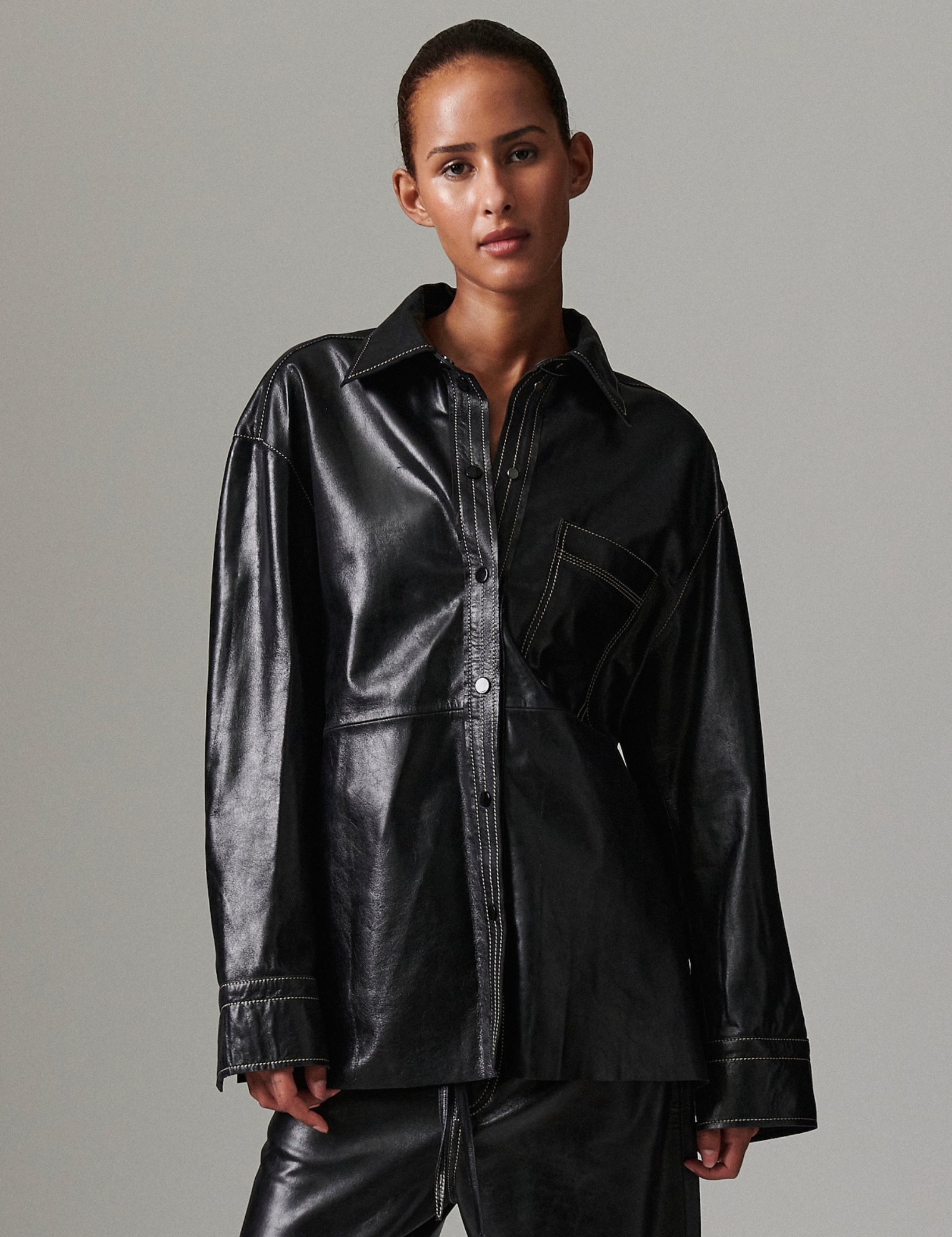 トップス Leather Shirt Black LL Italian Leather. Oversized Faux Leather Shirt – Buon Italian Fashion