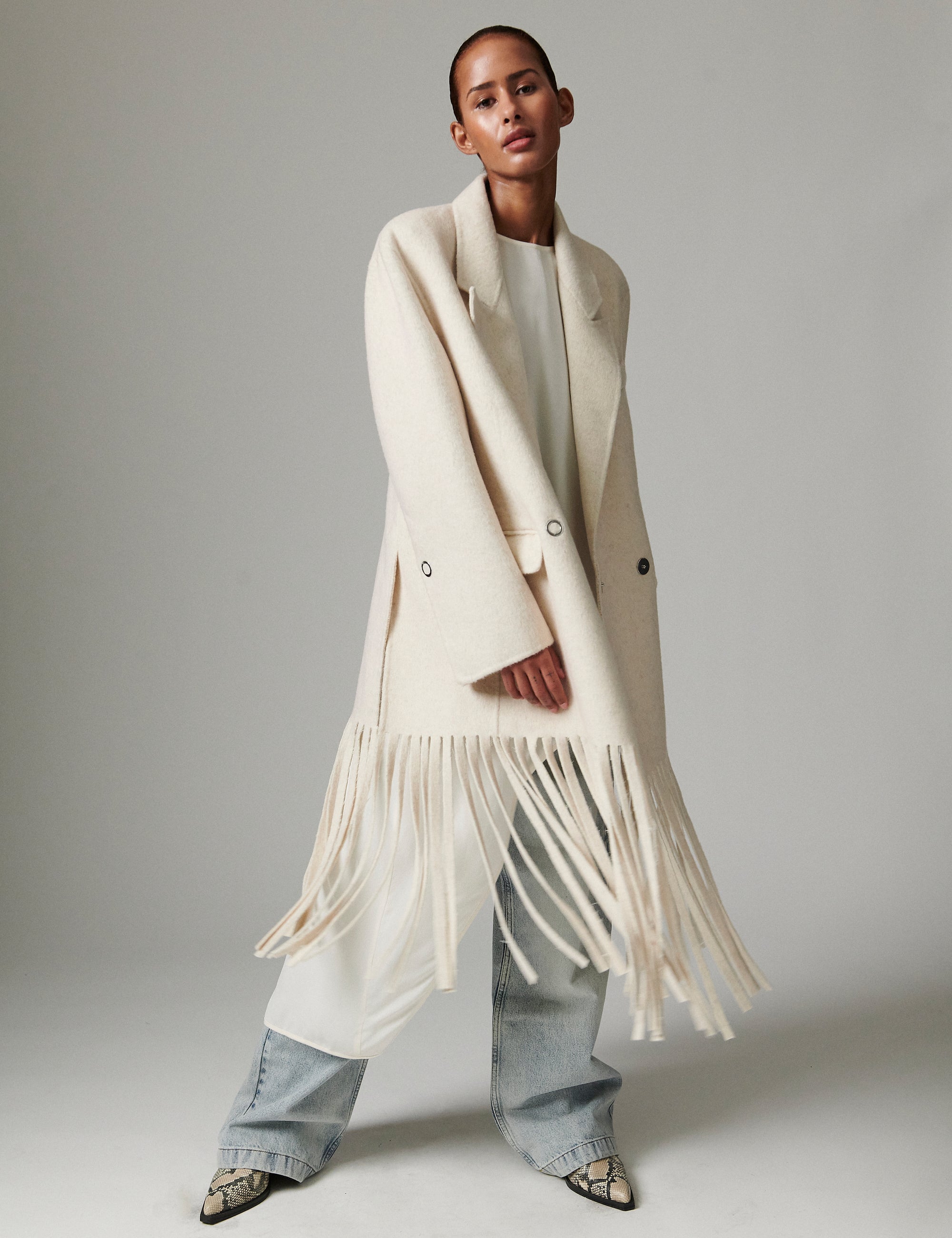 ジャケット・アウター DIRAIN fringe tailored jacket Iris Fringes - Double Faced Wool - Coat - JETSTREAM MELANGE